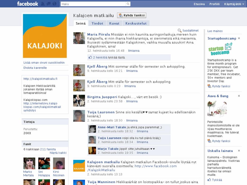 Facebook-fanisivu Seinä, kuvat, laatikot, keskustelut, tapahtumat, linkit, yms.