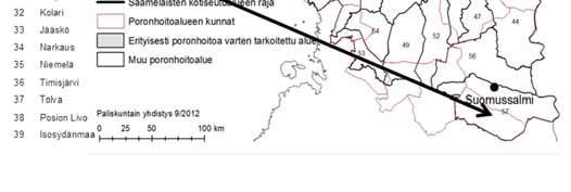 4 Kuva 1-1. Paliskunnat ja poronhoitoalueen eri osat (karttatilanne 1.1.2013) (Paliskuntain yhdistys 2013) Hallan paliskunnan sijainti on merkitty nuolella.