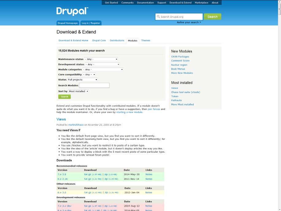 26 Kuvio 2. Drupal Download & Extend -sivusto moduulien haulle ja lataukselle 6.5 Teemat Drupal tarjoaa ensiasennuksellaan malliteemoja. Jokainen iso ydinversio sisältää yhden pääteeman.