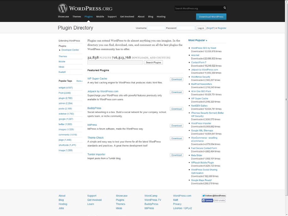 37 Kuvio 8. Wordpress Plugin Directory liitännäisten hakua ja latausta varten. 7.