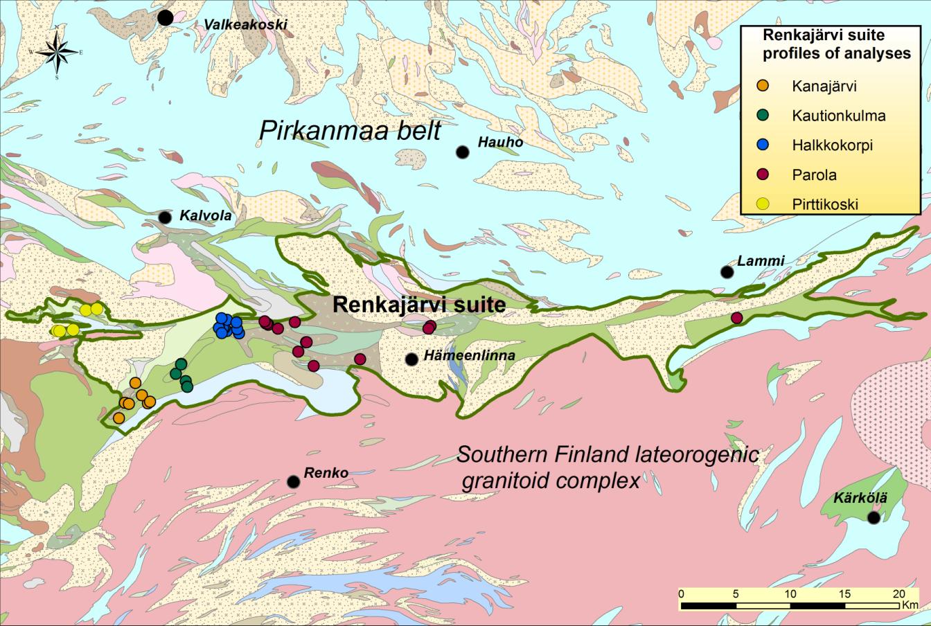 5 Pirttikoski, Kanajärvi, Kautionkulma, Halkkokorpi ja Parola (Kuva 2; Liitteet ). Profiilien avulla hahmotettiin eri kivilajien jatkumoa kerroksellisuuksien suunnassa.