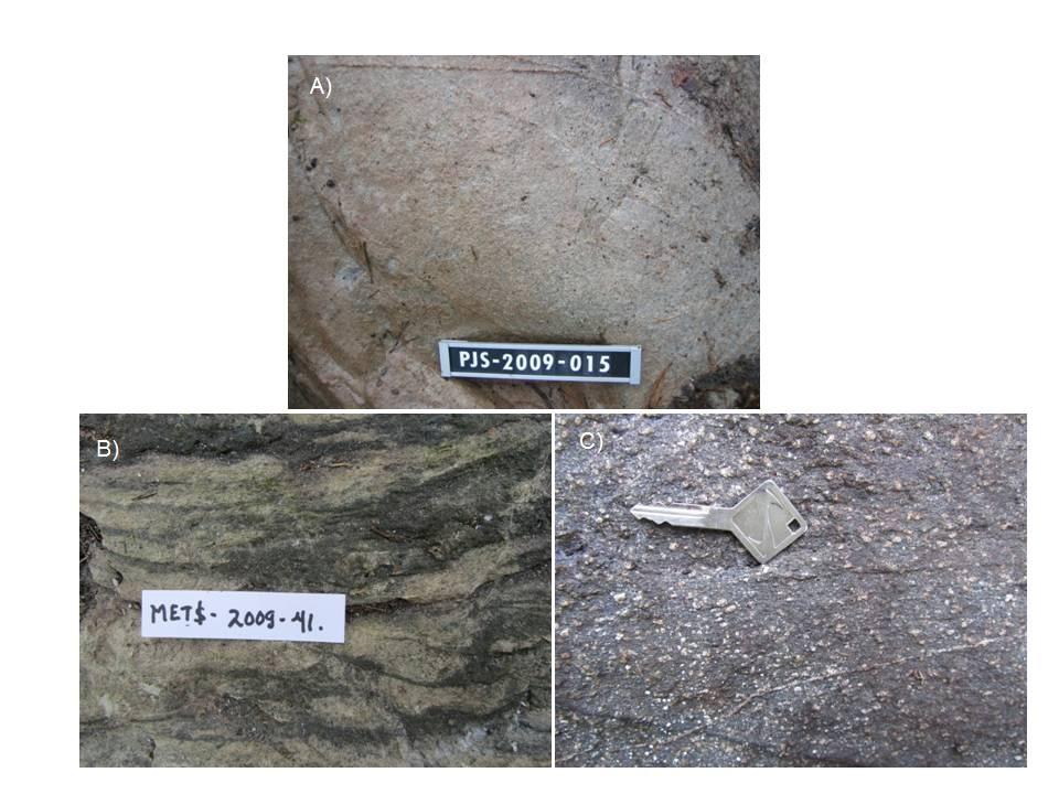 78 Kuva4. Muutamia Kylmäkosken vulkaniittijakson kivityyppejä. (A) Massamainen suuntautumaton felsinen kivi, jossa harvakseltaan plagioklaasihajarakeita. Mahdollisesti juonikivi Laatan pituus 16 cm.