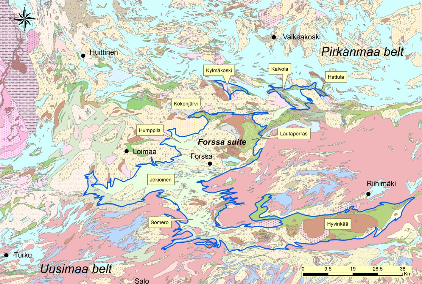 7 basalteista ryoliitteihin, andesiitittien ollessa vallitsevia. Poikkeuksena ovat seurueen itäosassa Forssan gabron yhteydessä enemmistönä olevat Lautaportaan basalttiset vulkaniitit.