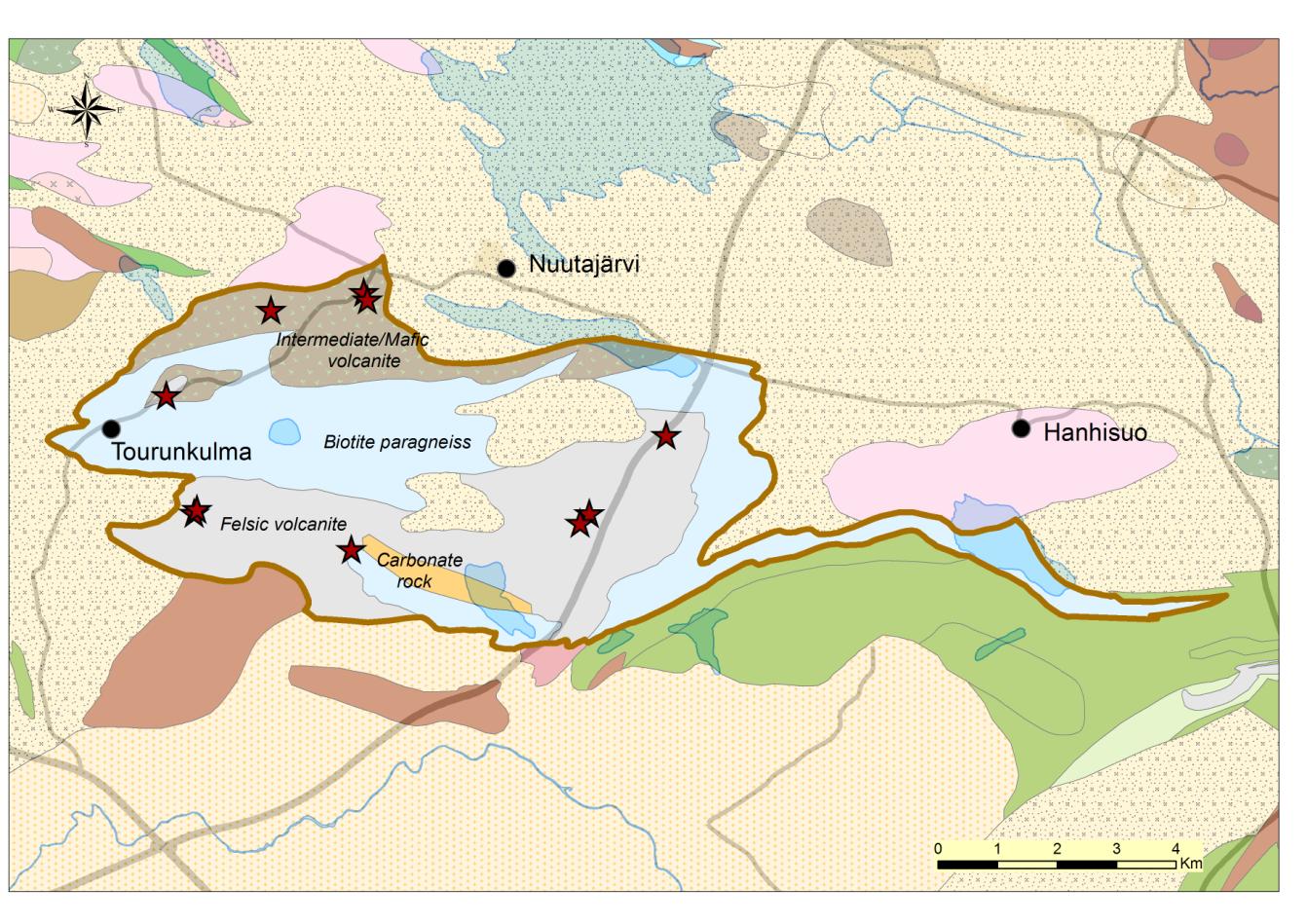 97 Kuva1. Nuutajärven vulkaniittijakson analyysipisteiden sijainti Häme vyöhykkeen alueella.