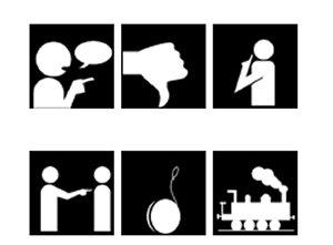 14 Piktogrammit (Kuva 2) ovat helposti ymmärrettäviä mustavalkoisia, varjokuvien tai liikennemerkkien kaltaisia symboleja. 90 prosenttia kuvista on kuvanomaisia ja 10 prosenttia käsitteellisiä.