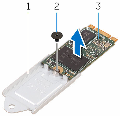 3 Irrota ruuvi, jolla SSD-asema kiinnittyy SSD-aseman kiinnikkeeseen.