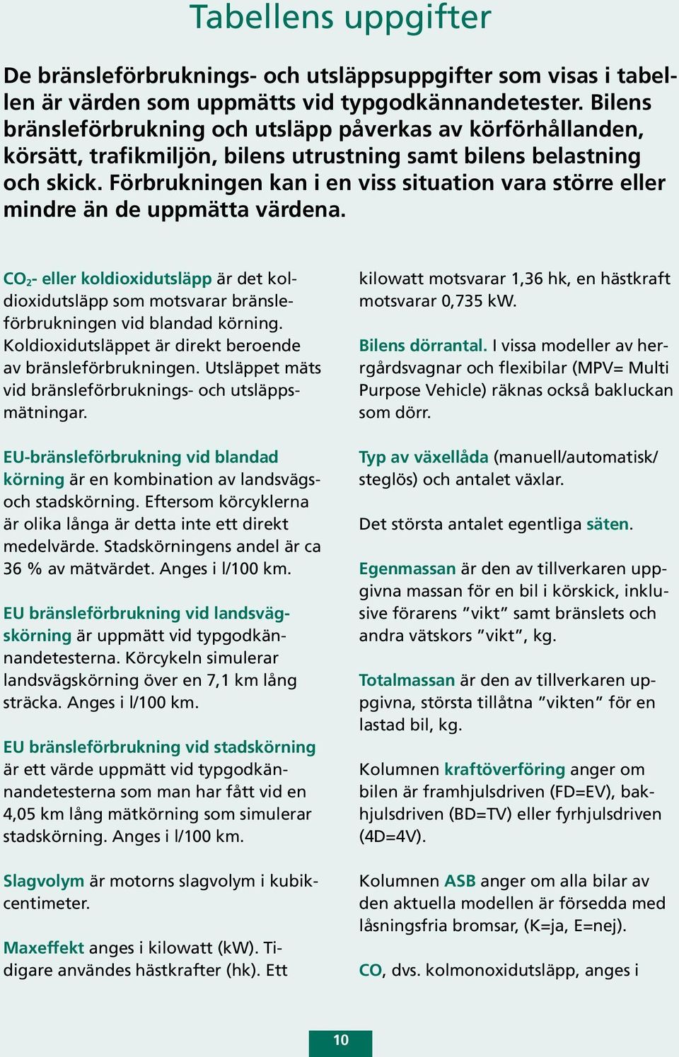 Förbrukningen kan i en viss situation vara större eller mindre än de uppmätta värdena. CO 2- eller koldioxidutsläpp är det koldioxidutsläpp som motsvarar bränsleförbrukningen vid blandad körning.