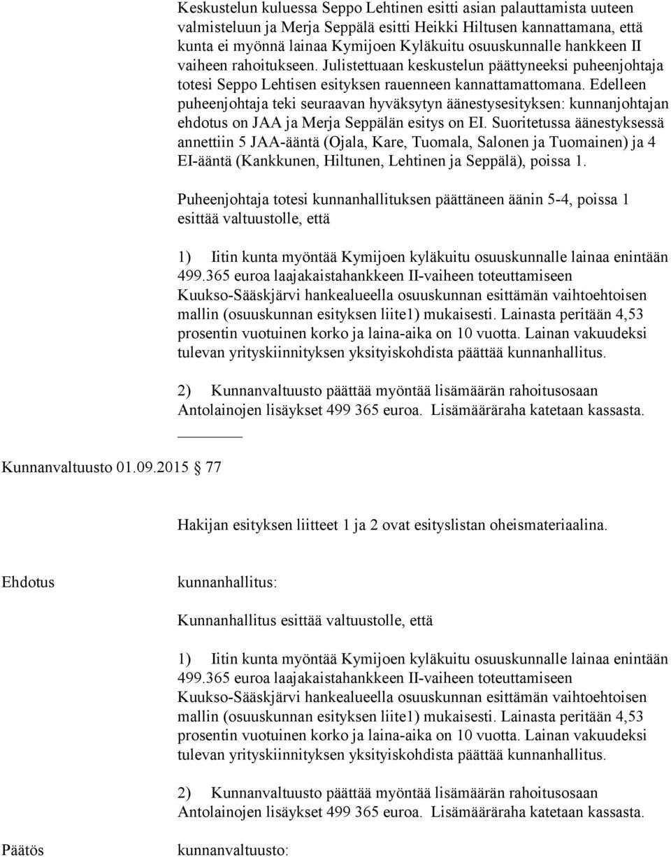 osuuskunnalle hankkeen II vaiheen rahoitukseen. Julistettuaan keskustelun päättyneeksi puheenjohtaja totesi Seppo Lehtisen esityksen rauenneen kannattamattomana.