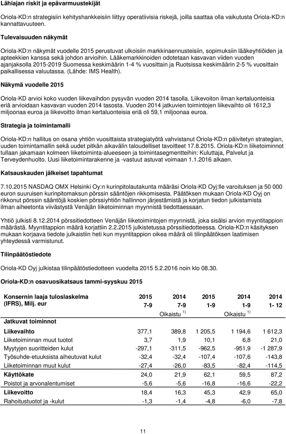 Lääkemarkkinoiden odotetaan kasvavan viiden vuoden ajanjaksolla 2015-2019 Suomessa keskimäärin 1-4 % vuosittain ja Ruotsissa keskimäärin 2-5 % vuosittain paikallisessa valuutassa. (Lähde: IMS Health).