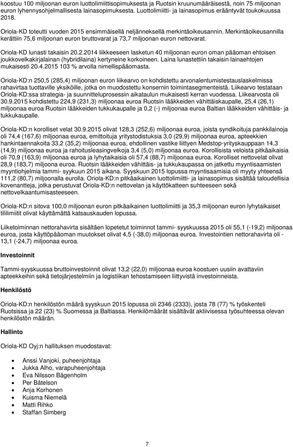 Merkintäoikeusannilla kerättiin 75,6 miljoonan euron bruttovarat ja 73,7 miljoonan euron nettovarat. Oriola-KD lunasti takaisin 20