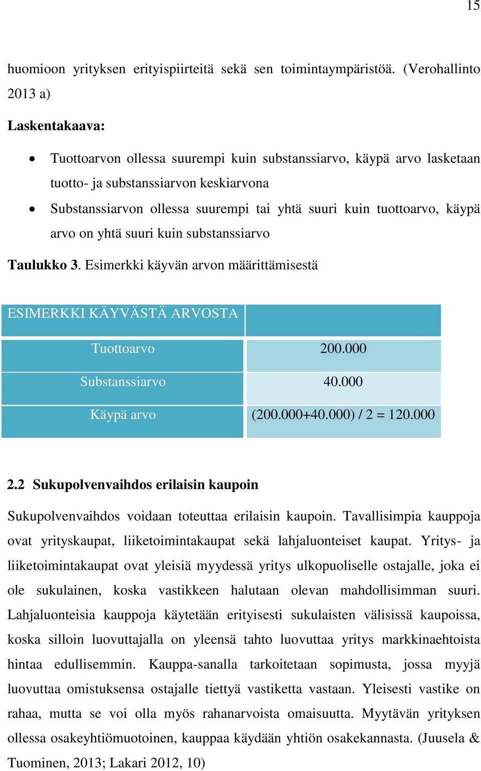 tuottoarvo, käypä arvo on yhtä suuri kuin substanssiarvo Taulukko 3. Esimerkki käyvän arvon määrittämisestä ESIMERKKI KÄYVÄSTÄ ARVOSTA Tuottoarvo 200.000 Substanssiarvo 40.000 Käypä arvo (200.000+40.