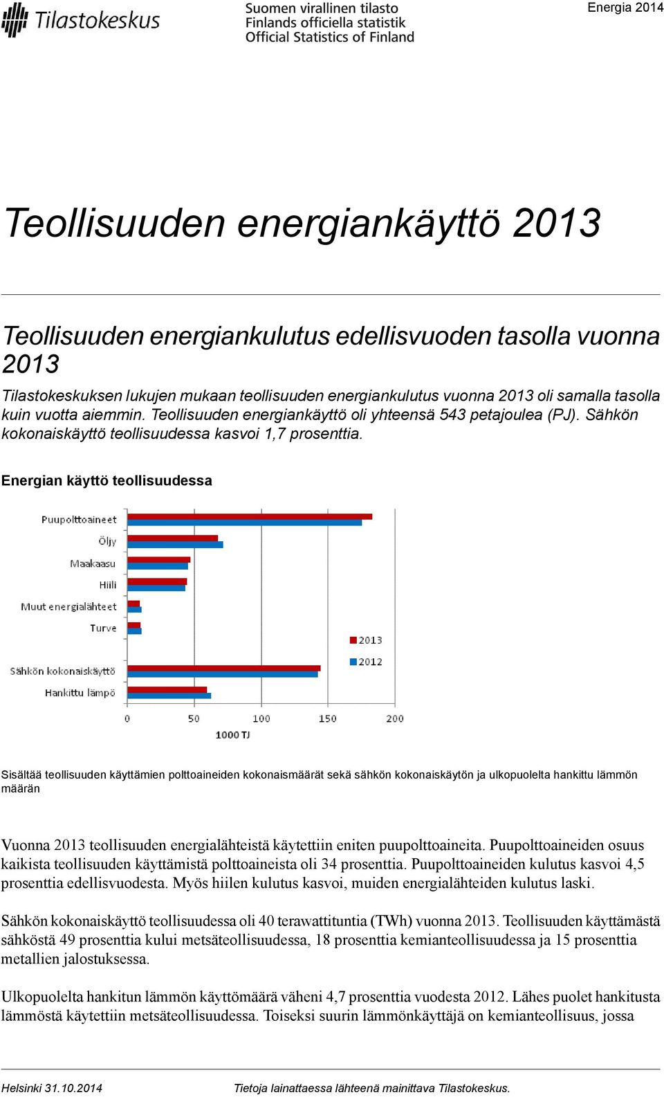 teollisuuden käyttämien polttoaineiden kokonaismäärät sekä sähkön kokonaiskäytön ja ulkopuolelta hankittu lämmön määrän Vuonna 2013 teollisuuden energialähteistä käytettiin eniten puupolttoaineita