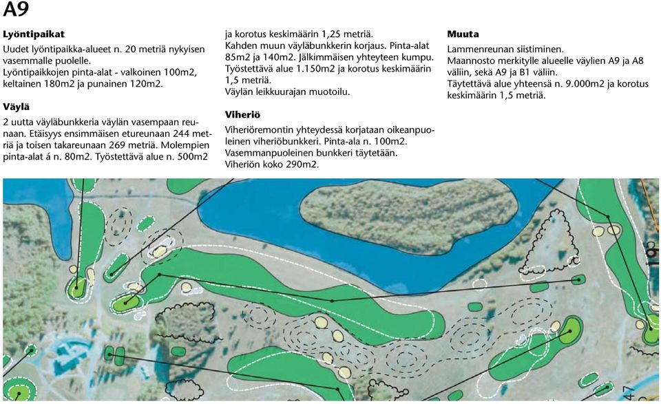 500m2 ja korotus keskimäärin 1,25 metriä. Kahden muun väyläbunkkerin korjaus. Pinta-alat 85m2 ja 140m2. Jälkimmäisen yhteyteen kumpu. Työstettävä alue 1.150m2 ja korotus keskimäärin 1,5 metriä.