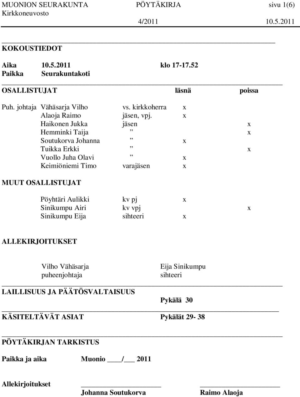 x Haikonen Jukka jäsen x Hemminki Taija x Soutukorva Johanna x Tuikka Erkki x Vuollo Juha Olavi x Keimiöniemi Timo varajäsen x MUUT OSALLISTUJAT Pöyhtäri Aulikki kv