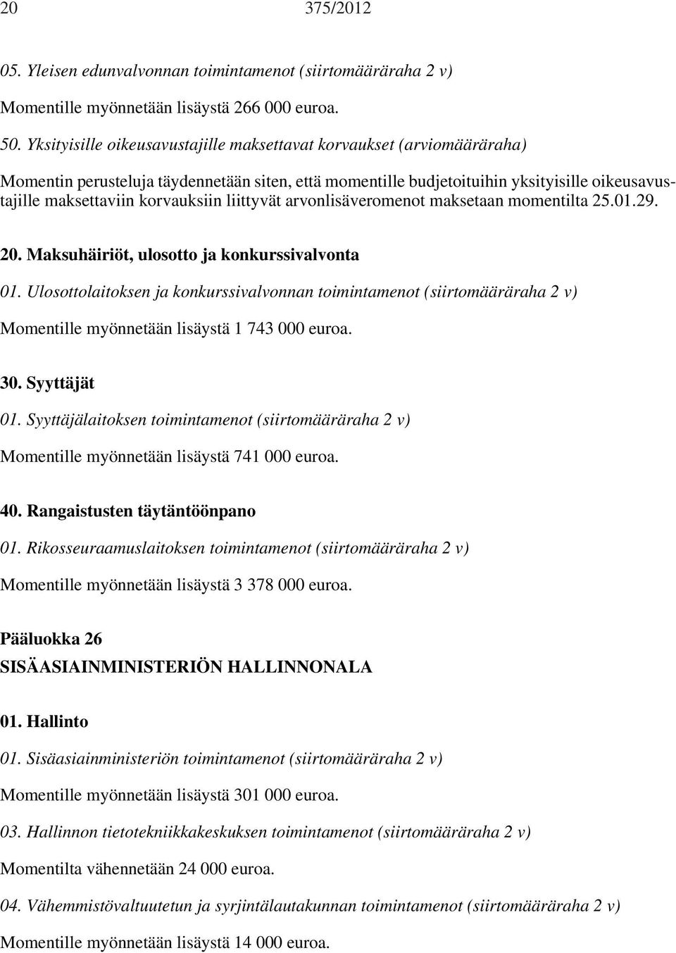 liittyvät arvonlisäveromenot maksetaan momentilta 25.01.29. 20. Maksuhäiriöt, ulosotto ja konkurssivalvonta 01.