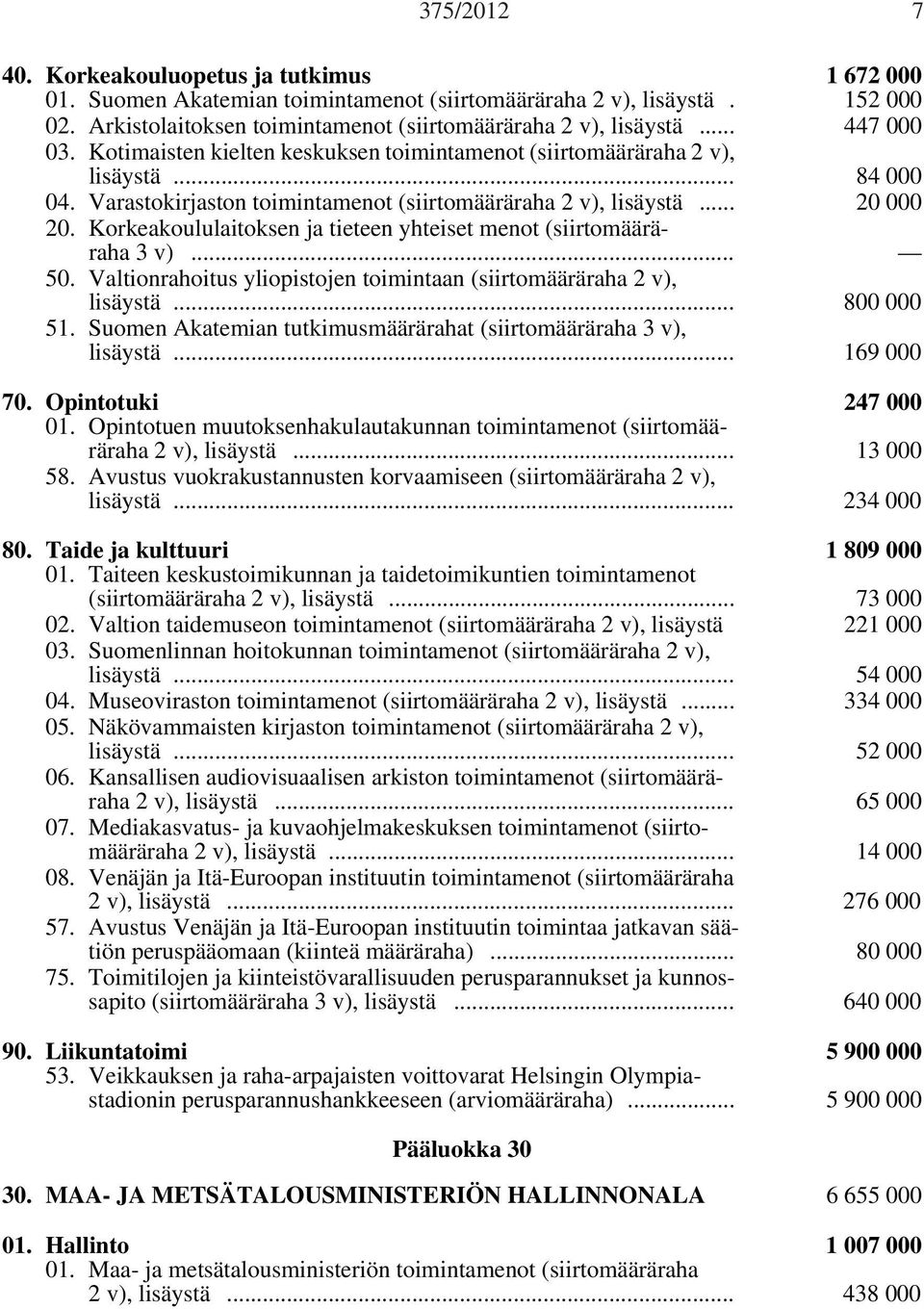 Korkeakoululaitoksen ja tieteen yhteiset menot (siirtomääräraha 3 v)... 50. Valtionrahoitus yliopistojen toimintaan (siirtomääräraha 2 v), lisäystä... 800 000 51.