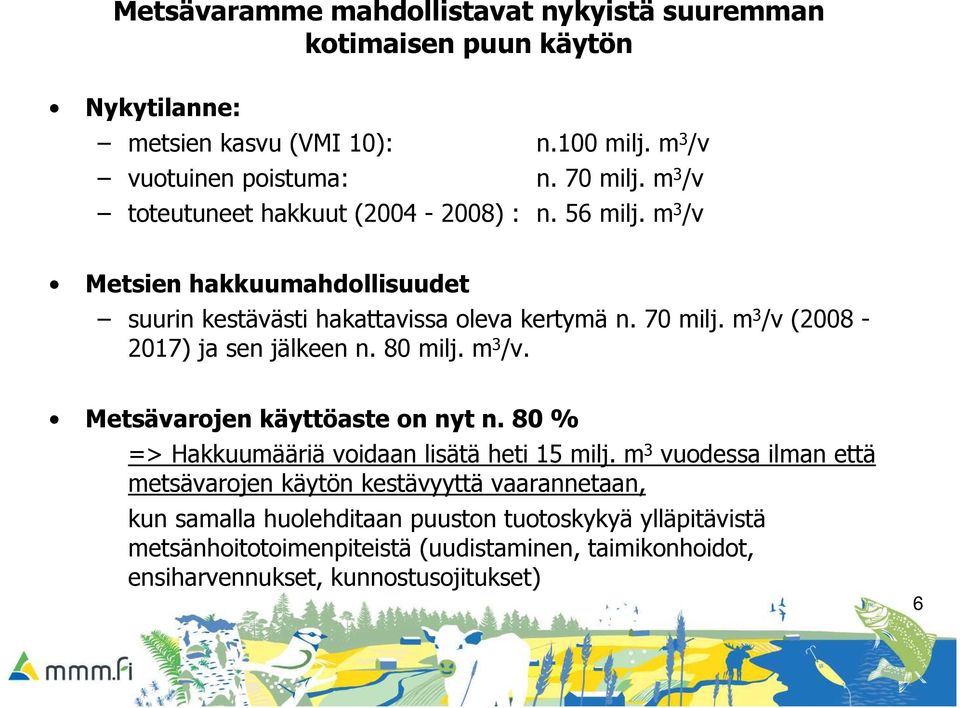 m 3 /v (2008-2017) ja sen jälkeen n. 80 milj. m 3 /v. Metsävarojen käyttöaste on nyt n. 80 % => Hakkuumääriä voidaan lisätä heti 15 milj.