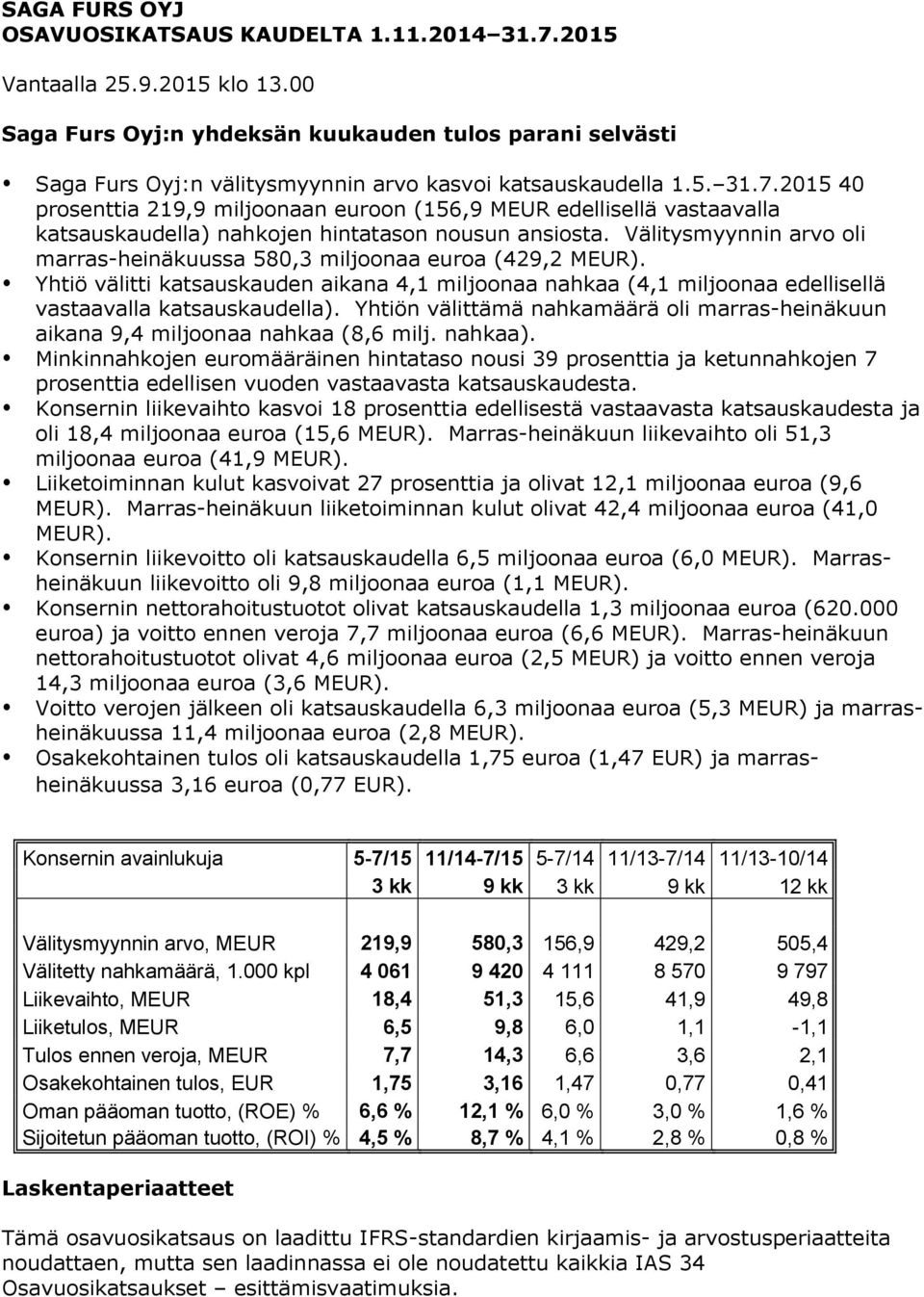 2015 40 prosenttia 219,9 miljoonaan euroon (156,9 MEUR edellisellä vastaavalla katsauskaudella) nahkojen hintatason nousun ansiosta.