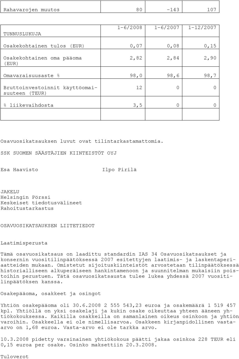 SSK SUOMEN SÄÄSTÄJIEN KIINTEISTÖT OYJ Esa Haavisto Ilpo Pirilä JAKELU Helsingin Pörssi Keskeiset tiedotusvälineet Rahoitustarkastus OSAVUOSIKATSAUKSEN LIITETIEDOT Laatimisperusta Tämä osavuosikatsaus