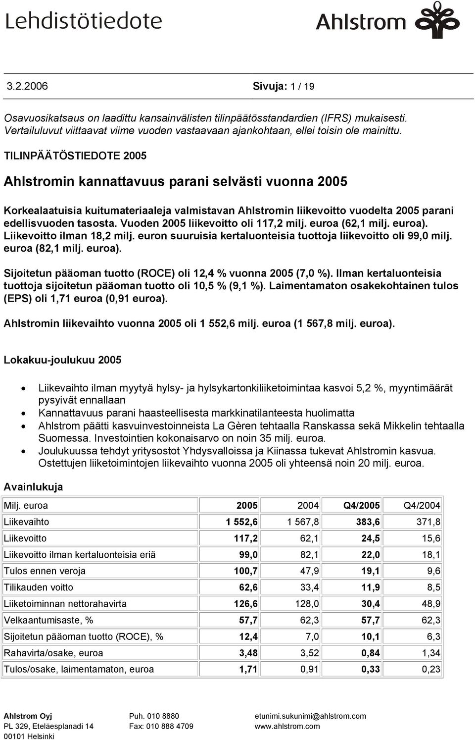 Vuoden 2005 liikevoitto oli 117,2 milj. euroa (62,1 milj. euroa). Liikevoitto ilman 18,2 milj. euron suuruisia kertaluonteisia tuottoja liikevoitto oli 99,0 milj. euroa (82,1 milj. euroa). Sijoitetun pääoman tuotto (ROCE) oli 12,4 % vuonna 2005 (7,0 %).