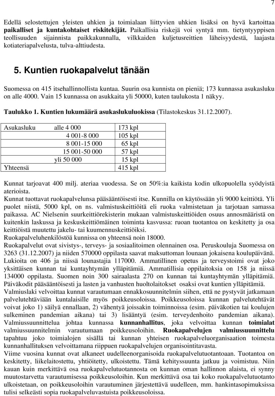 Kuntien ruokapalvelut tänään Suomessa on 415 itsehallinnollista kuntaa. Suurin osa kunnista on pieniä; 173 kunnassa asukasluku on alle 4000.
