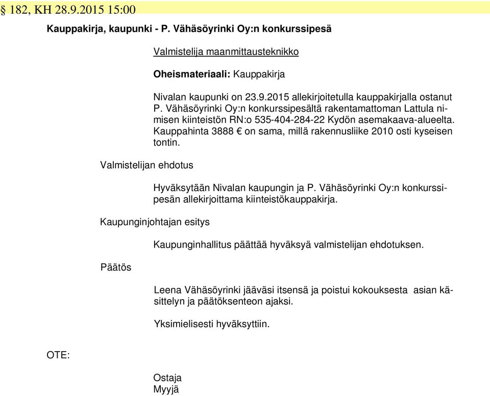 Vähäsöyrinki Oy:n konkurssipesältä rakentamattoman Lattula nimisen kiinteistön RN:o 535-404-284-22 Kydön asemakaava-alueelta.