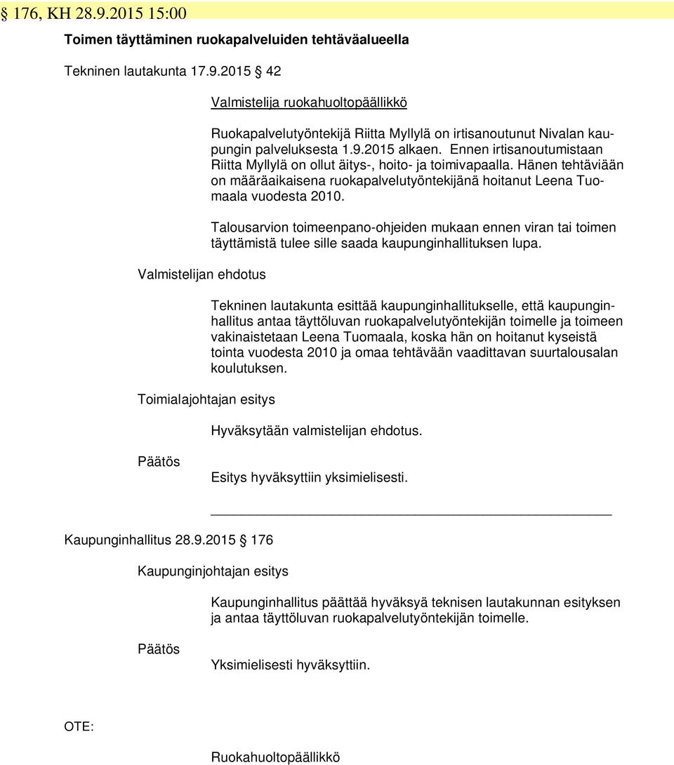 Talousarvion toimeenpano-ohjeiden mukaan ennen viran tai toimen täyttämistä tulee sille saada kaupunginhallituksen lupa.