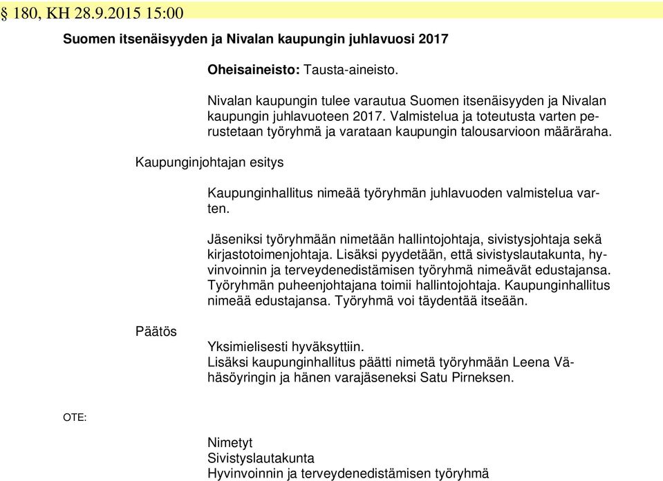Kaupunginhallitus nimeää työryhmän juhlavuoden valmistelua varten. Jäseniksi työryhmään nimetään hallintojohtaja, sivistysjohtaja sekä kirjastotoimenjohtaja.
