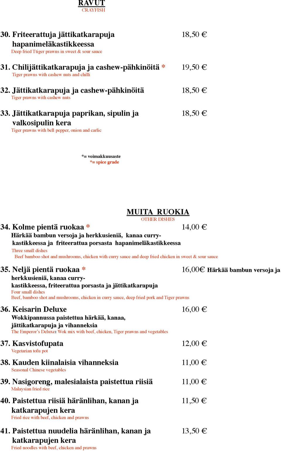 Jättikatkarapuja paprikan, sipulin ja 18,50 valkosipulin kera Tiger prawns with bell pepper, onion and carlic MUITA RUOKIA OTHER DISHES 34.