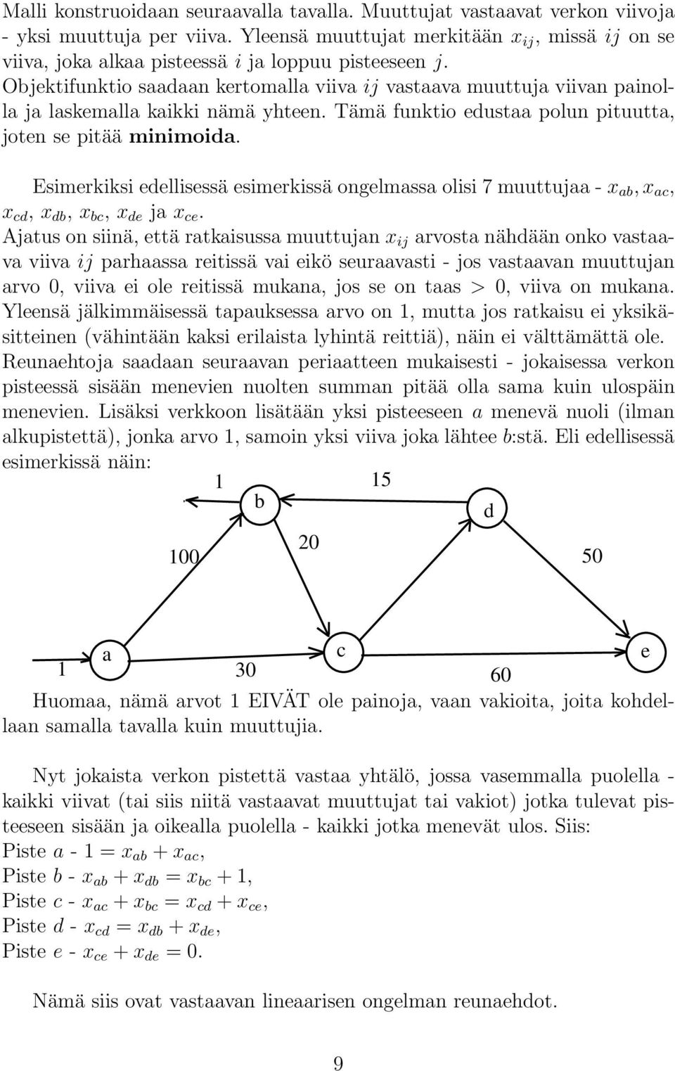 Objektifunktio saadaan kertomalla viiva ij vastaava muuttuja viivan painolla ja laskemalla kaikki nämä yhteen. Tämä funktio edustaa polun pituutta, joten se pitää minimoida.