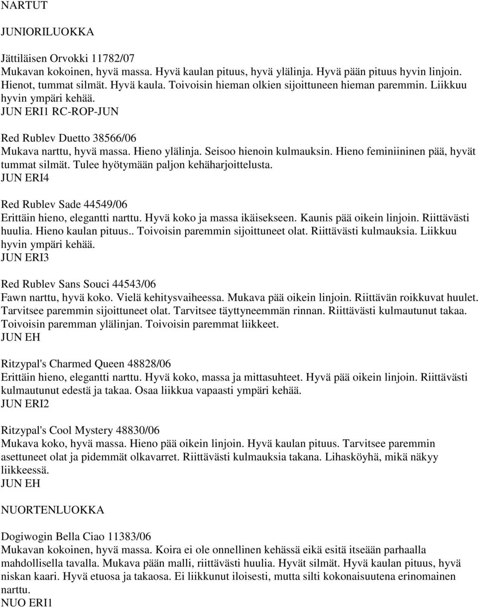 Tulee hyötymään paljon kehäharjoittelusta. JUN ERI4 Red Rublev Sade 44549/06 Erittäin hieno, elegantti narttu. Hyvä koko ja massa ikäisekseen. Kaunis pää oikein linjoin. Riittävästi huulia.