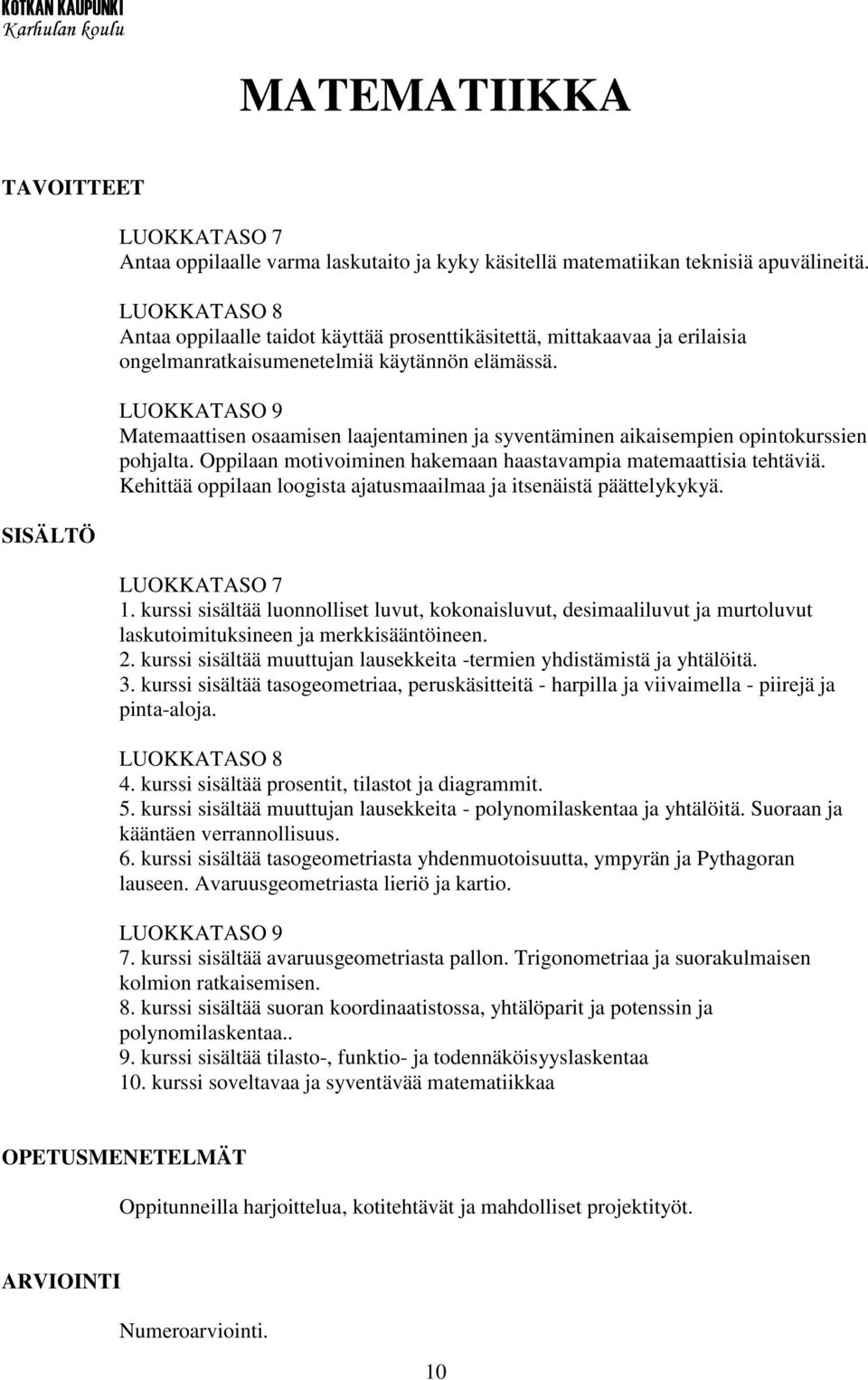 Matemaattisen osaamisen laajentaminen ja syventäminen aikaisempien opintokurssien pohjalta. Oppilaan motivoiminen hakemaan haastavampia matemaattisia tehtäviä.