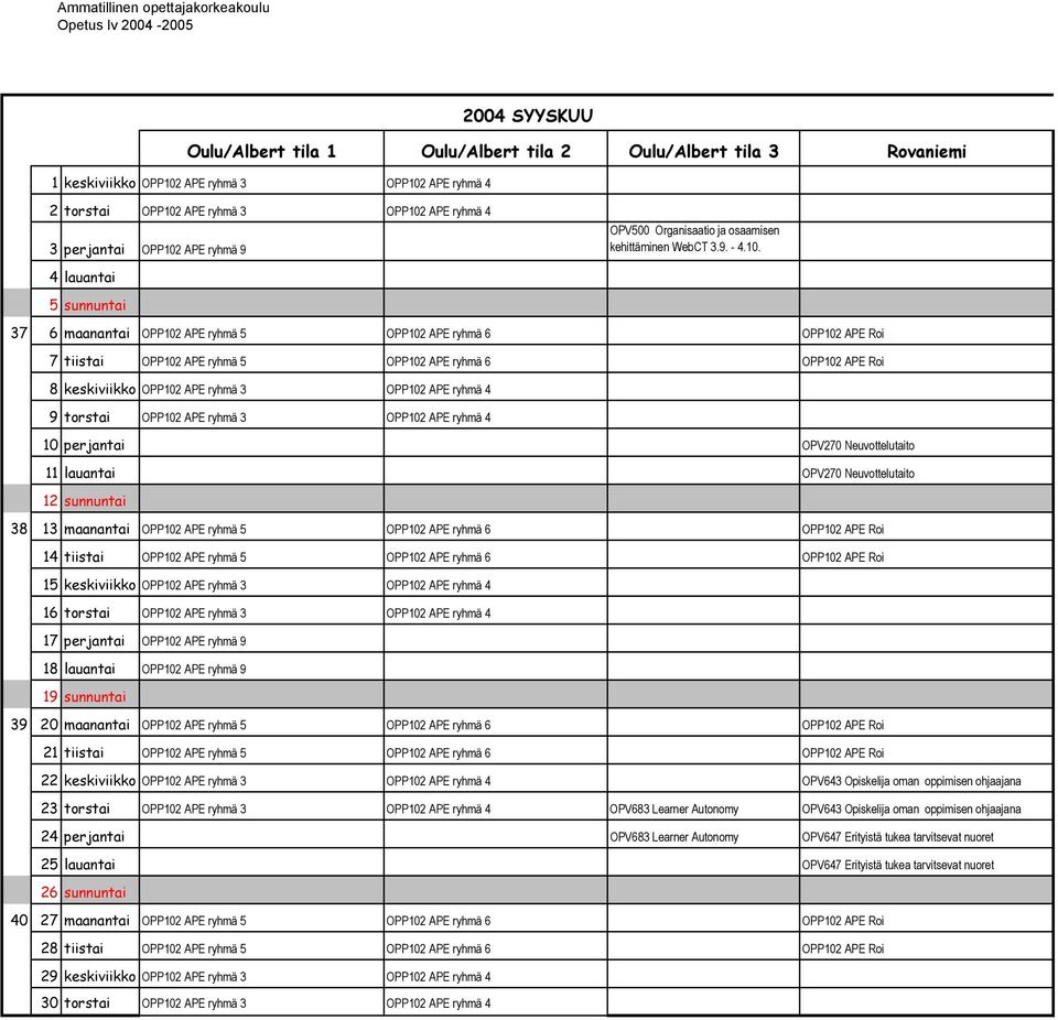 37 6 maanantai OPP102 APE ryhmä 5 OPP102 APE ryhmä 6 OPP102 APE Roi 7 tiistai OPP102 APE ryhmä 5 OPP102 APE ryhmä 6 OPP102 APE Roi 8 keskiviikko OPP102 APE ryhmä 3 OPP102 APE ryhmä 4 9 torstai OPP102