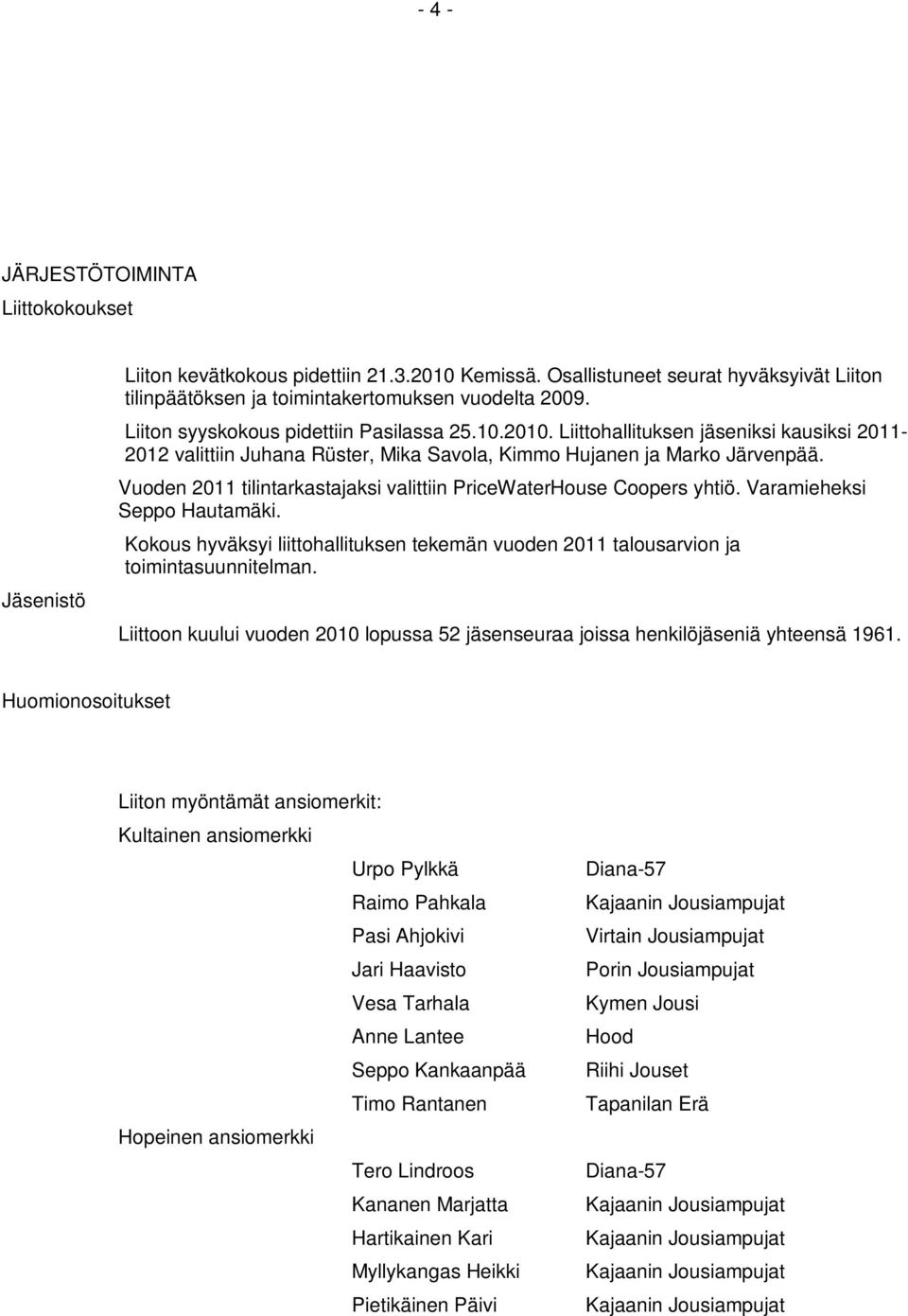 Vuoden 2011 tilintarkastajaksi valittiin PriceWaterHouse Coopers yhtiö. Varamieheksi Seppo Hautamäki. Kokous hyväksyi liittohallituksen tekemän vuoden 2011 talousarvion ja toimintasuunnitelman.
