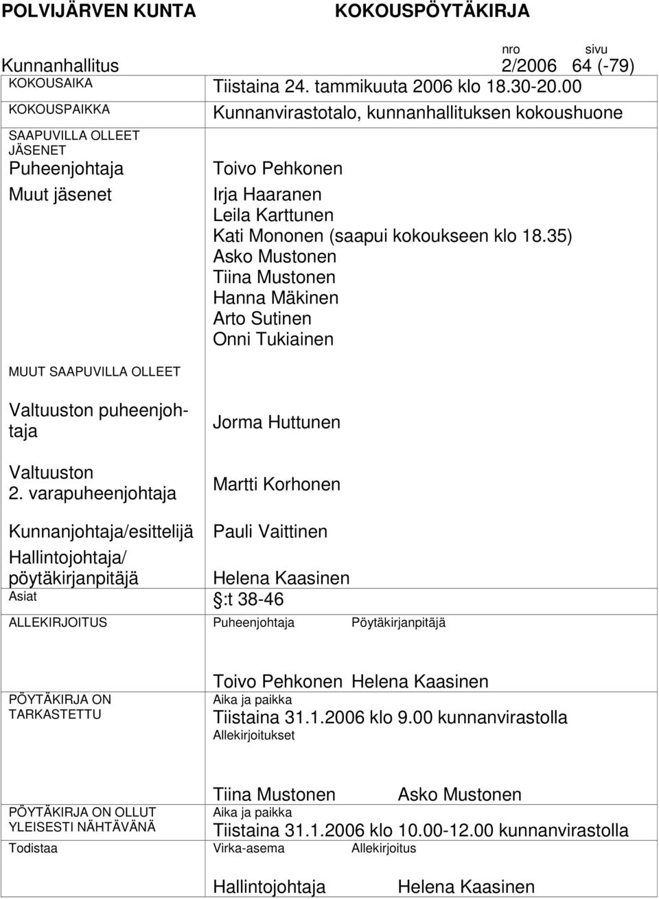 Mononen (saapui kokoukseen klo 18.35) Asko Mustonen Tiina Mustonen Hanna Mäkinen Arto Sutinen Onni Tukiainen n puheenjohtaja n 2.