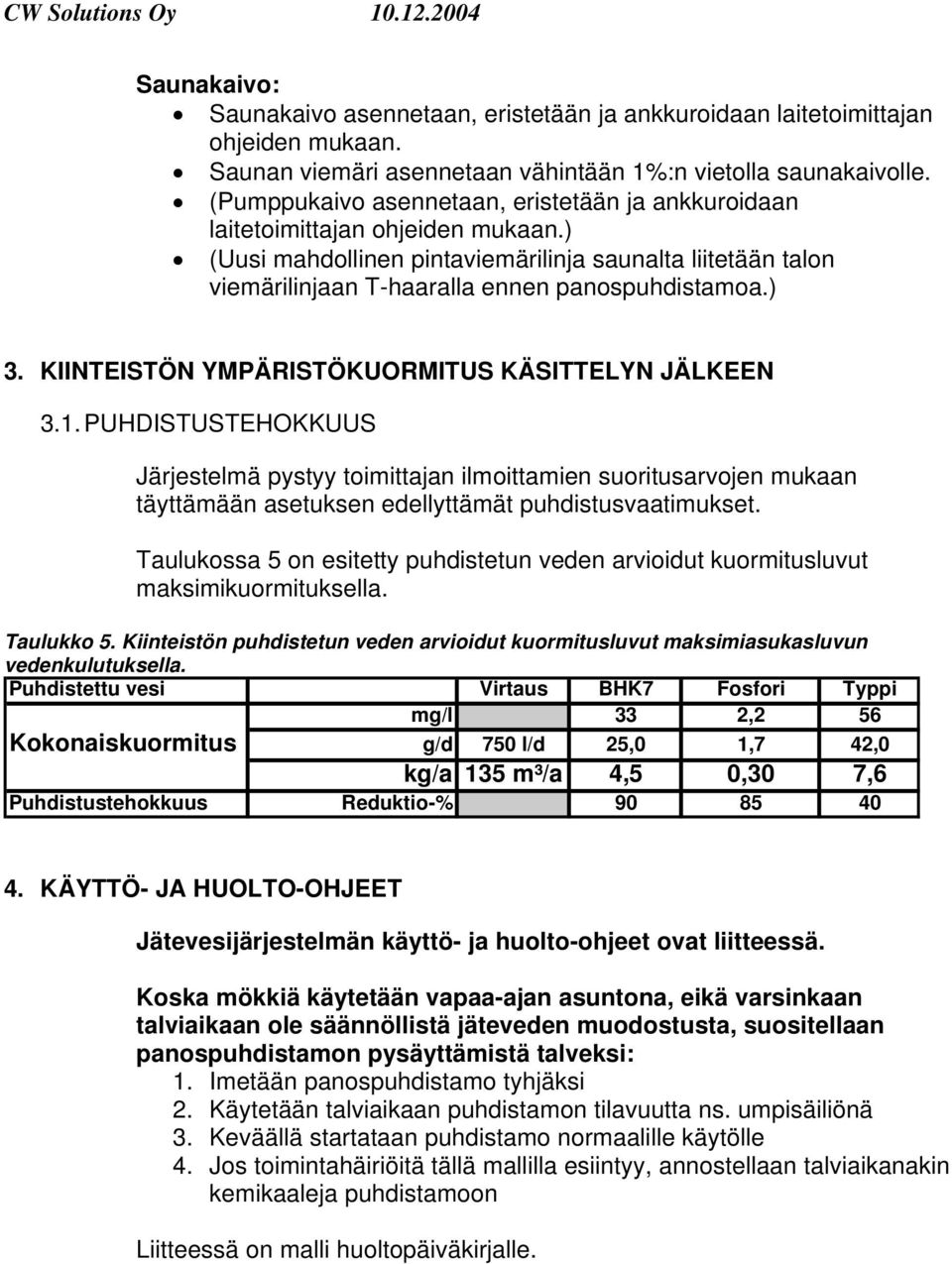 ) 3. KIINTEISTÖN YMPÄRISTÖKUORMITUS KÄSITTELYN JÄLKEEN 3.1.
