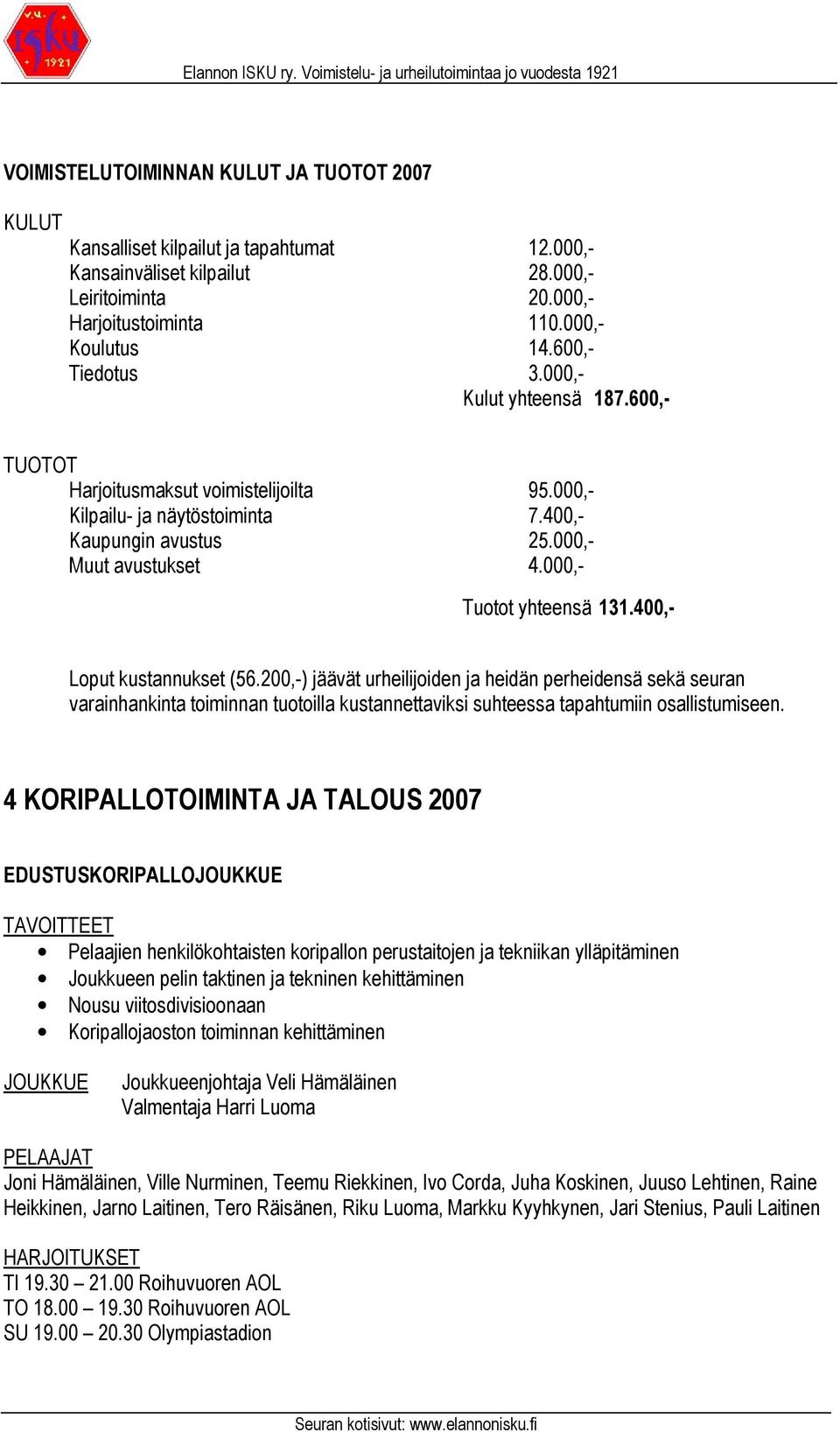 400,- Kaupungin avustus 25.000,- Muut avustukset 4.000,- Tuotot yhteensä 131.400,- Loput kustannukset (56.