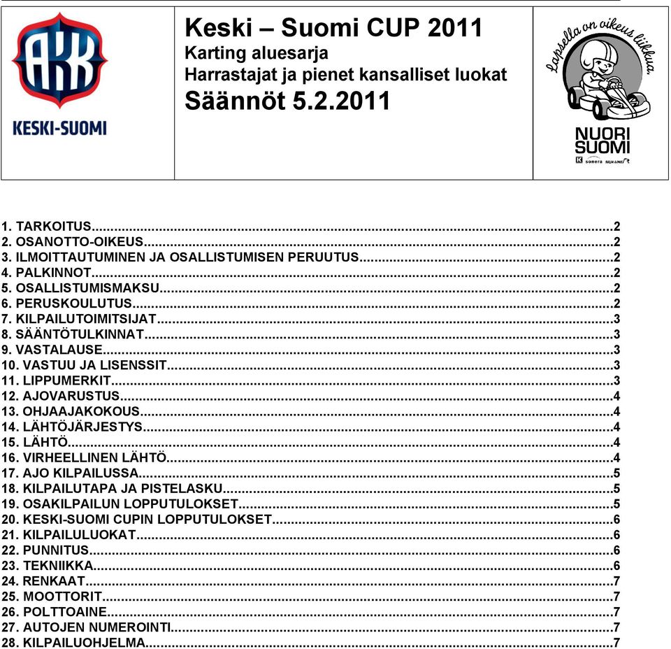 ..4 13. OHJAAJAKOKOUS...4 14. LÄHTÖJÄRJESTYS...4 15. LÄHTÖ...4 16. VIRHEELLINEN LÄHTÖ...4 17. AJO KILPAILUSSA...5 18. KILPAILUTAPA JA PISTELASKU...5 19. OSAKILPAILUN LOPPUTULOKSET...5 20.