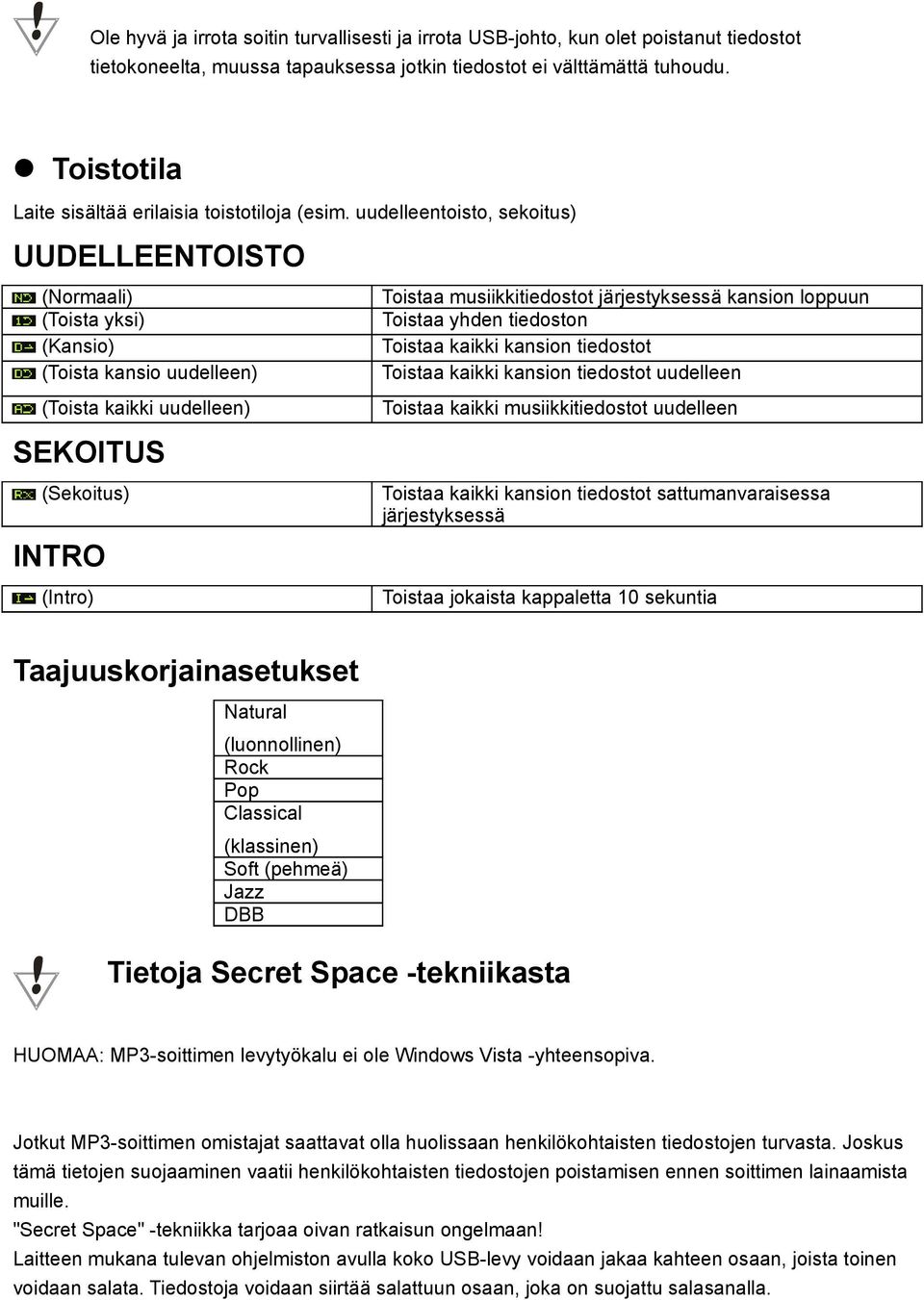 uudelleentoisto, sekoitus) UUDELLEENTOISTO (Normaali) (Toista yksi) (Kansio) (Toista kansio uudelleen) (Toista kaikki uudelleen) SEKOITUS (Sekoitus) INTRO (Intro) Toistaa musiikkitiedostot