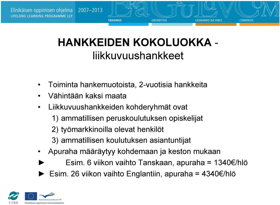 työmarkkinoilla olevat henkilöt 3) ammatillisen koulutuksen asiantuntijat Apuraha määräytyy kohdemaan ja