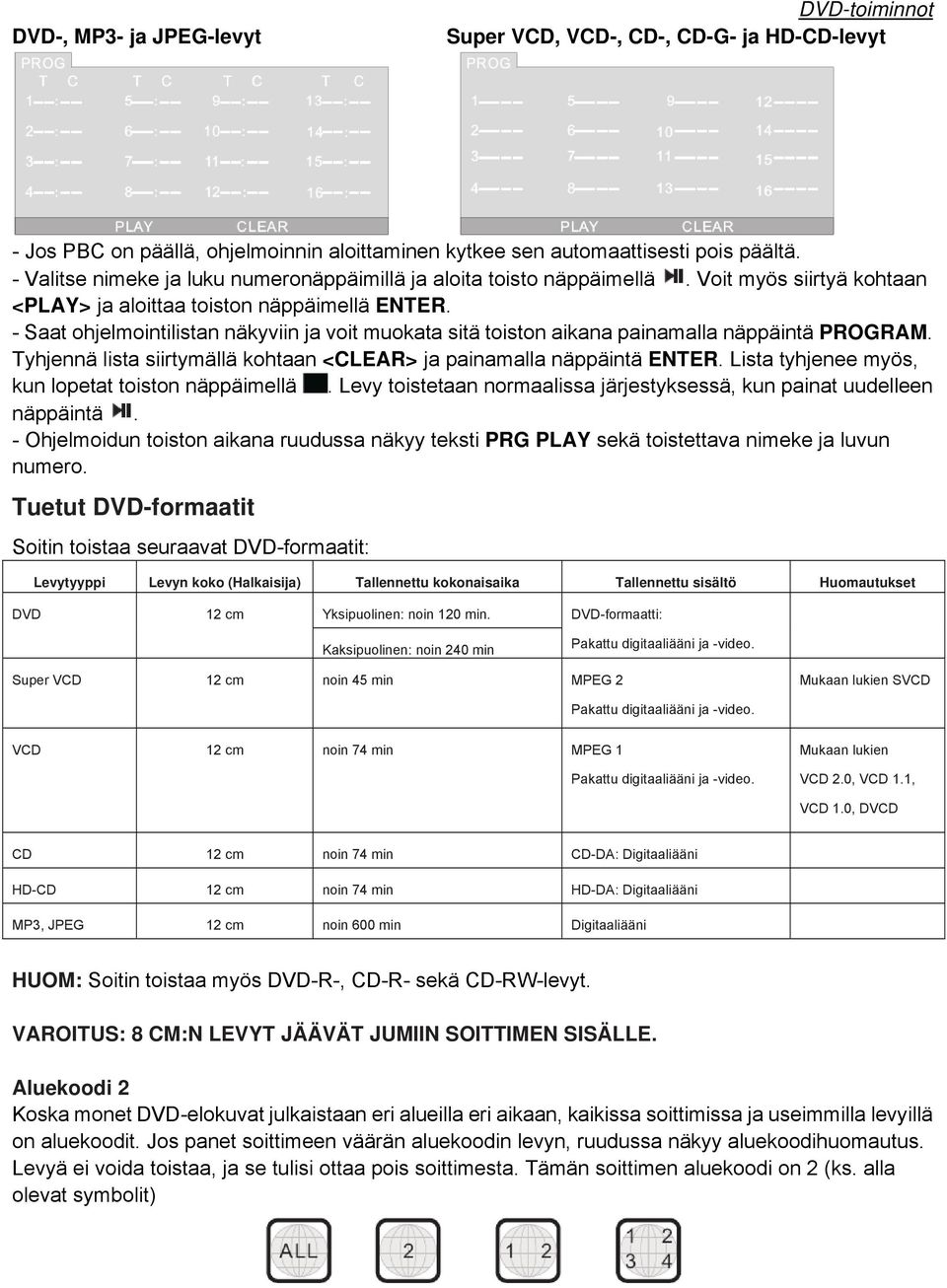 - Saat ohjelmointilistan näkyviin ja voit muokata sitä toiston aikana painamalla näppäintä PROGRAM. Tyhjennä lista siirtymällä kohtaan <CLEAR> ja painamalla näppäintä ENTER.