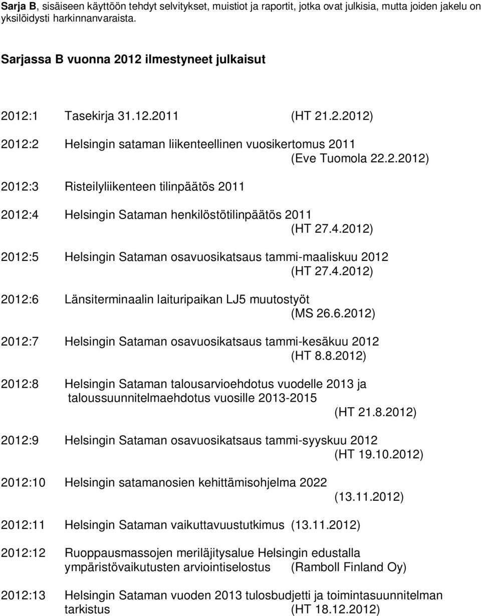 4.2012) 2012:5 Helsingin Sataman osavuosikatsaus tammi-maaliskuu 2012 (HT 27.4.2012) 2012:6 Länsiterminaalin laituripaikan LJ5 muutostyöt (MS 26.6.2012) 2012:7 Helsingin Sataman osavuosikatsaus tammi-kesäkuu 2012 (HT 8.