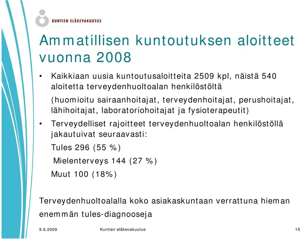 ja fysioterapeutit) Terveydelliset rajoitteet terveydenhuoltoalan henkilöstöllä jakautuivat seuraavasti: Tules 296 (55 %)