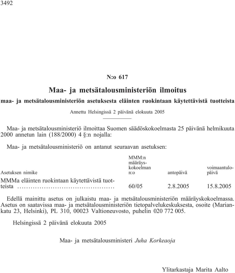 määräyskokoelman n:o voimaantulopäivä Asetuksen nimike antopäivä MMMa eläinten ruokintaan käytettävistä tuotteista... 60/05 2.8.