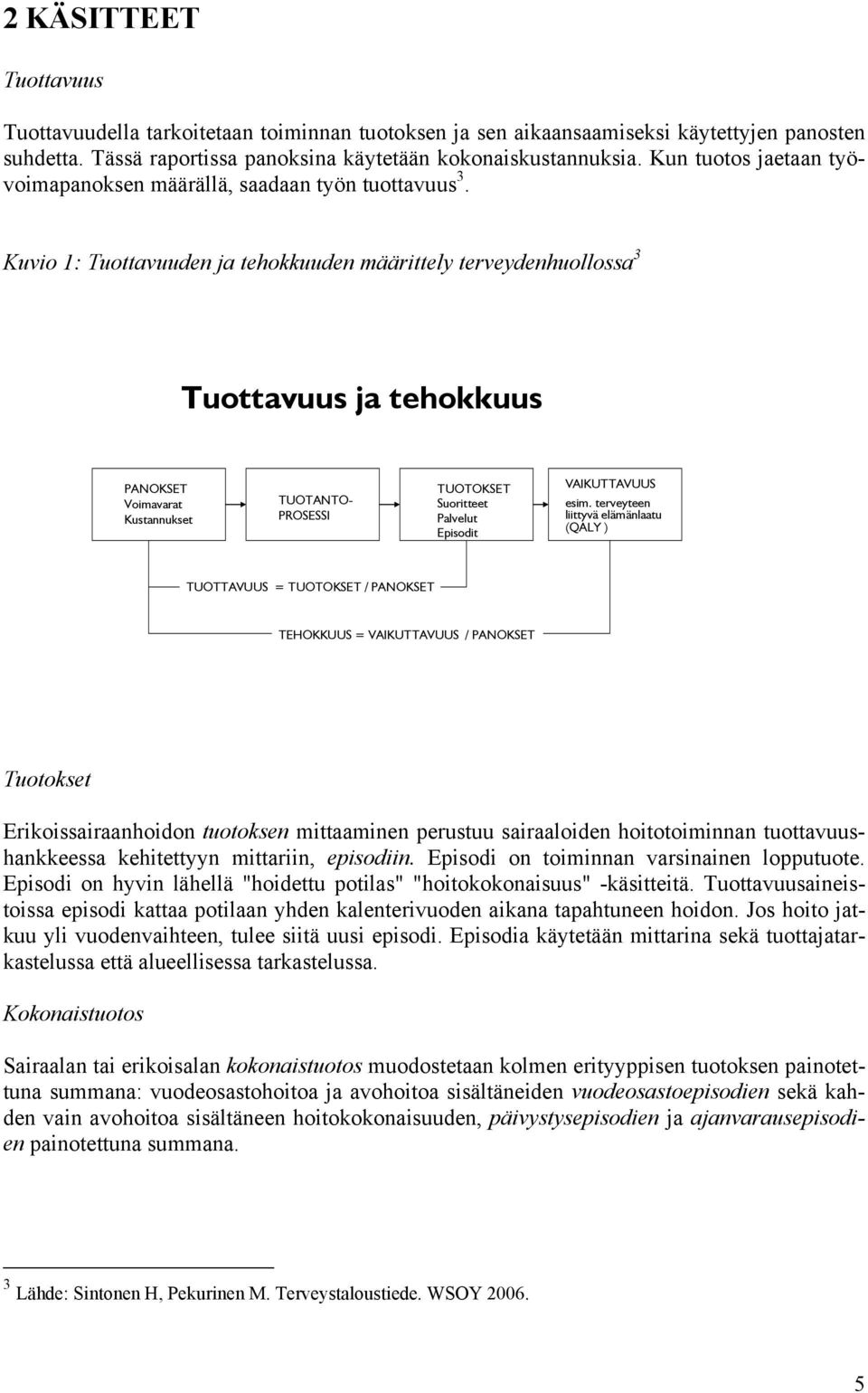 Kuvio 1: Tuottavuuden ja tehokkuuden määrittely terveydenhuollossa 3 Tuottavuus ja tehokkuus PANOKSET Voimavarat Kustannukset TUOTANTO- PROSESSI TUOTOKSET Suoritteet Palvelut Episodit VAIKUTTAVUUS