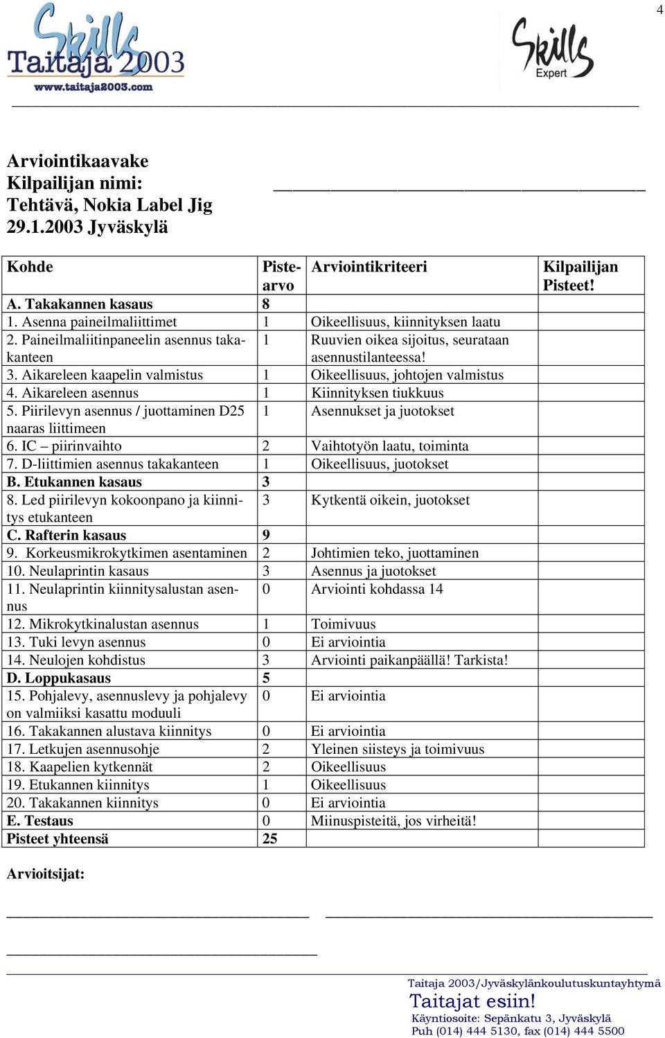 Aikareleen kaapelin valmistus 1 Oikeellisuus, johtojen valmistus 4. Aikareleen asennus 1 Kiinnityksen tiukkuus 5. Piirilevyn asennus / juottaminen D25 1 Asennukset ja juotokset naaras liittimeen 6.