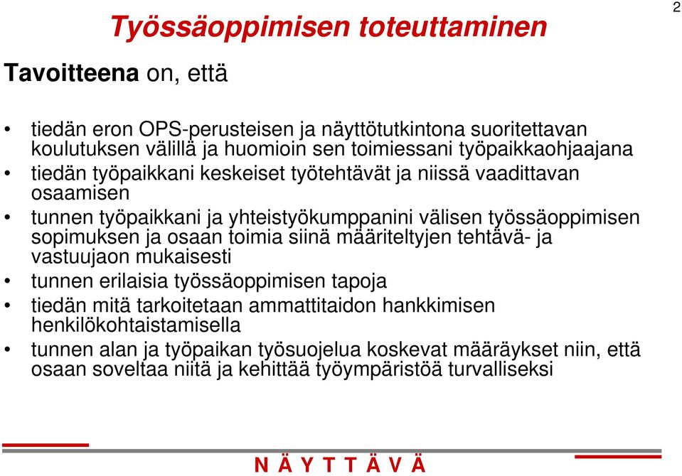 työssäoppimisen sopimuksen ja osaan toimia siinä määriteltyjen tehtävä- ja vastuujaon mukaisesti tunnen erilaisia työssäoppimisen tapoja tiedän mitä tarkoitetaan