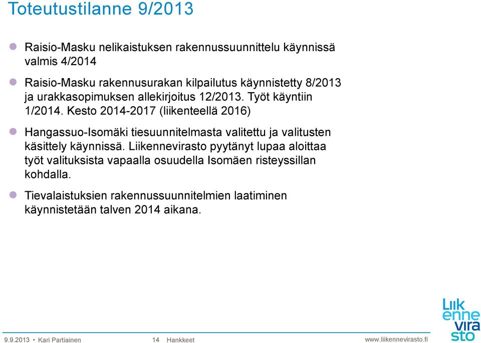 Kesto 2014-2017 (liikenteellä 2016) Hangassuo-Isomäki tiesuunnitelmasta valitettu ja valitusten käsittely käynnissä.