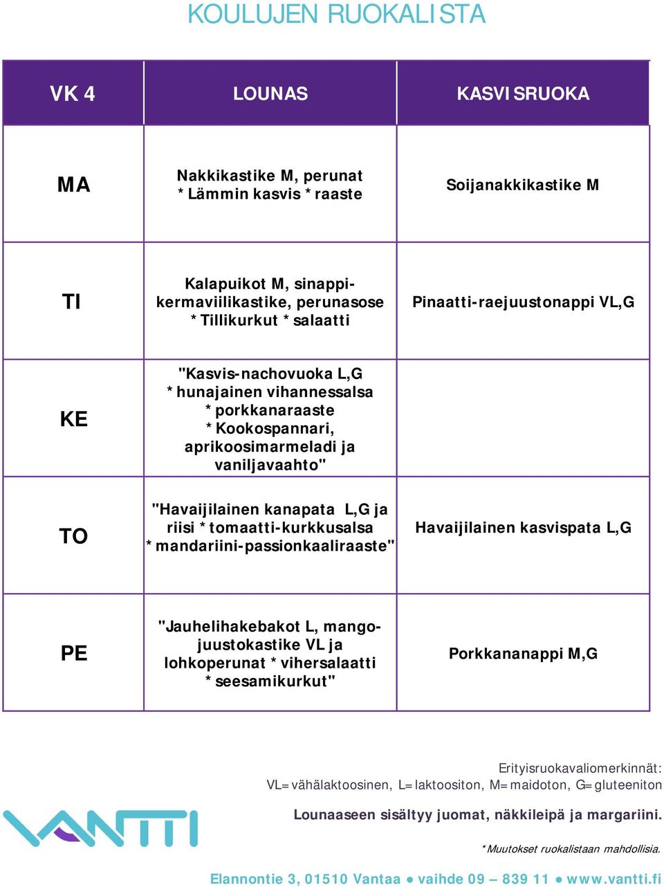 *Kookospannari, aprikoosimarmeladi ja vaniljavaahto" "Havaijilainen kanapata L,G ja riisi *tomaatti-kurkkusalsa