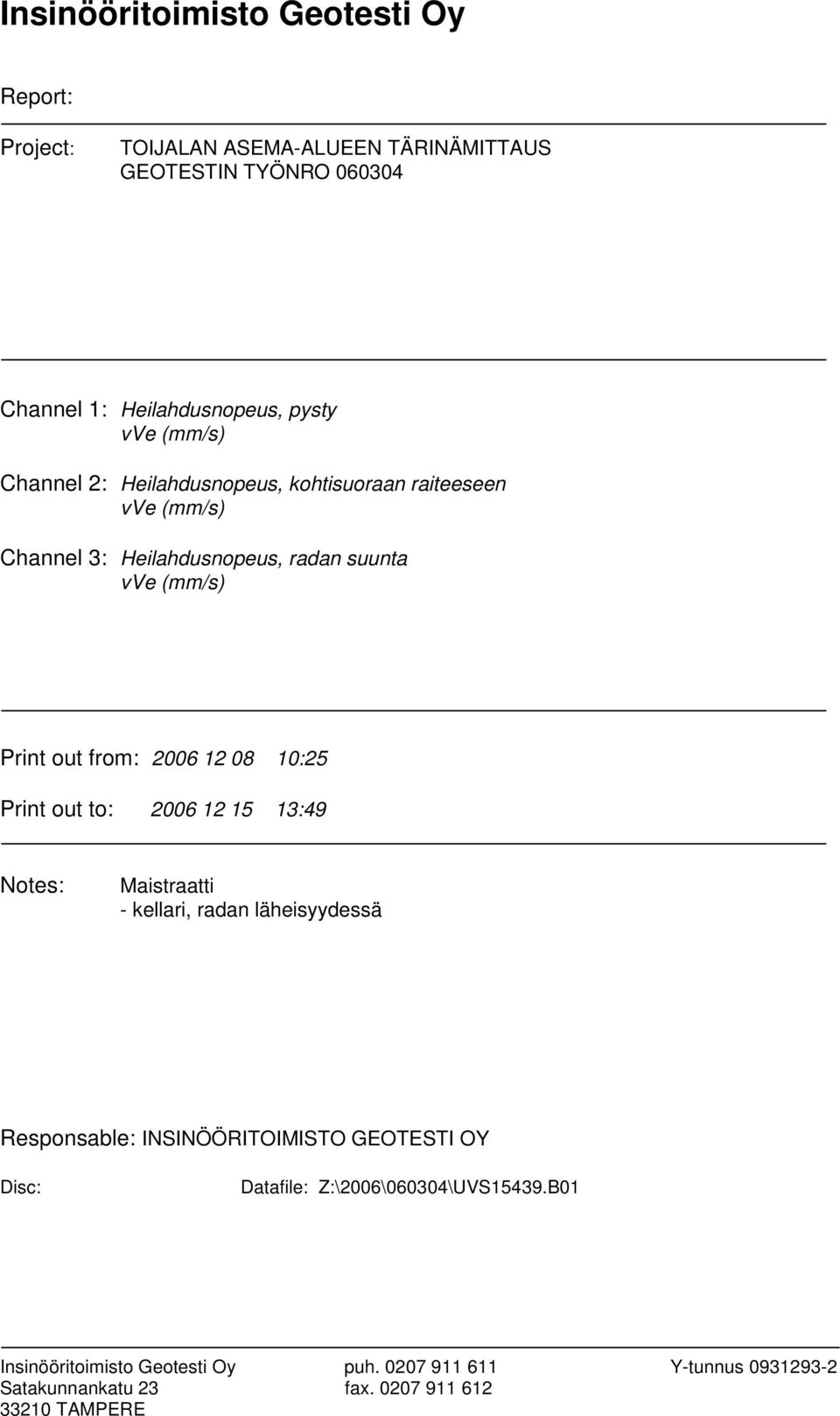 08 10:25 Print out to: 2006 12 15 13:49 Notes: Maistraatti - kellari, radan läheisyydessä Responsable: INSINÖÖRITOIMISTO GEOTESTI OY Disc: